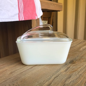 Vintage Glasbake milk glass refrigerator dish with lid
