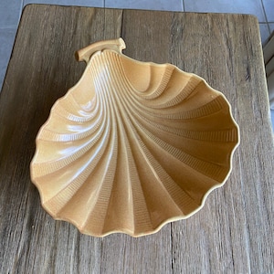 May include: A ceramic seashell-shaped dish in a light brown color. The dish has a textured surface and a raised lip around the edge.