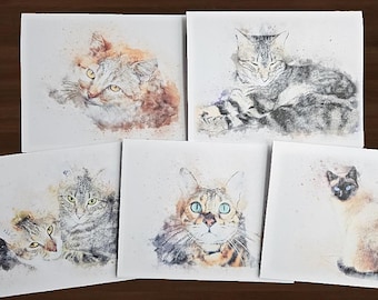 Watercolor Cat Note Cards, Blank Cards, Gift Set of 10