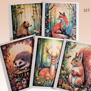 May include: Set of five illustrated cards featuring woodland animals in a forest setting. The animals include a bear, fox, hedgehog, deer, and squirrel. The cards are printed on white cardstock and have a matte finish.