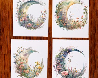 Moon Note Cards, Floral Blank Cards, Birthday Gift for Friend