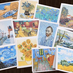 May include: A collection of 10 framed prints of famous Vincent van Gogh paintings, including "The Starry Night", "Sunflowers", and "The Bedroom".