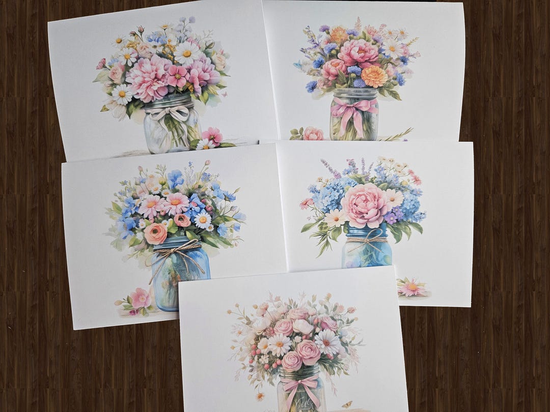 Floral Note Cards: Mason Jar Flower Designs, Set of 10 - Etsy