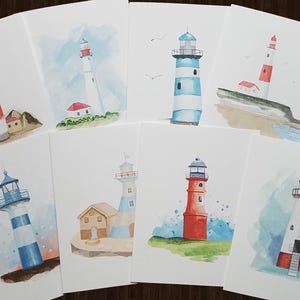 Lighthouse Watercolor Note Card Set, Beach, Blank Cards with Envelopes