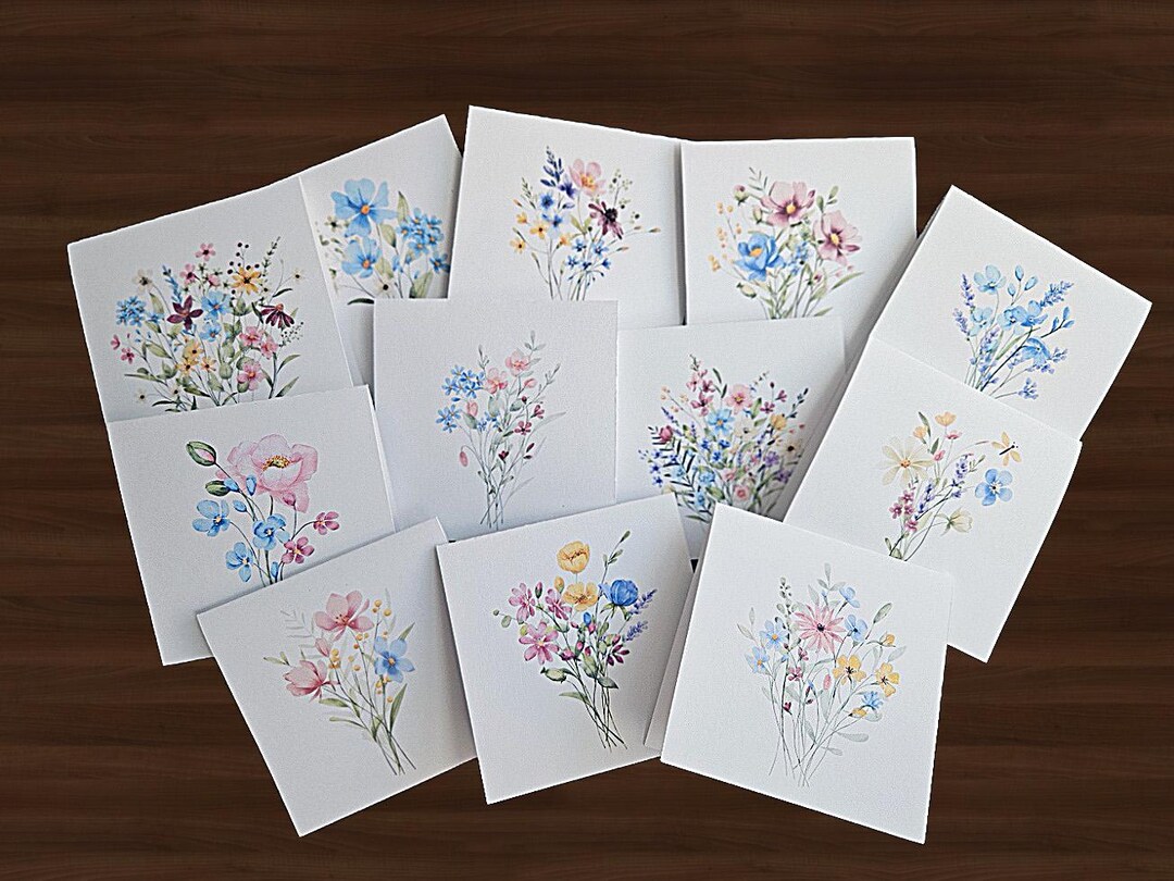 Flower Mini Note Cards: Set of 9, Watercolor Bouquets - Etsy