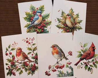May include: A collection of five greeting cards featuring watercolor illustrations of various birds. Each card showcases a different bird perched on branches with red berries and green leaves, set against a white background.
