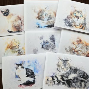 10 Watercolor Cat Note Cards, Blank Cards, Birthday Gift for Cat Lover