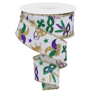 Mardi Gras Ribbon, Mardi Gras Glittered Harlequin Ribbon, 2.5” Width  Ribbon, 1.5 Width Ribbon, Green Purple and Gold Ribbon