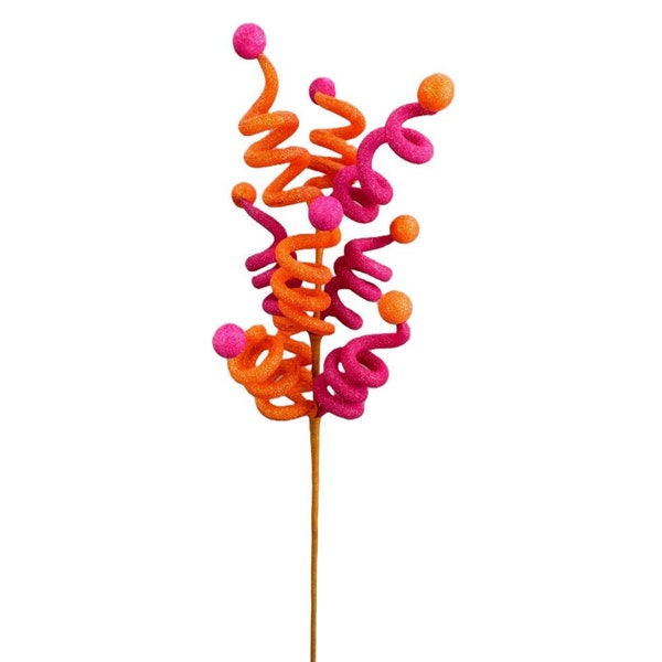 Orange and Hot Pink Curly Ball x9 Spray 24", Easter Spray, Curly Ball Pick, Wreath Pick, Halloween Spray, Orange Hot Pink Pick, 63439BTOR