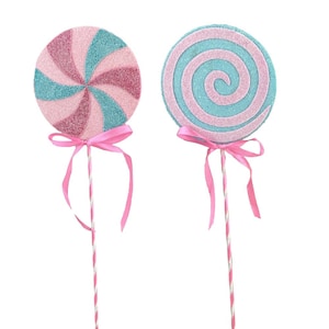 17” Pink and Blue Lollipop Pick Set of Two, Christmas Wreath Attachment, Lollipop Set Wreath Picks, Christmas Lollipops
