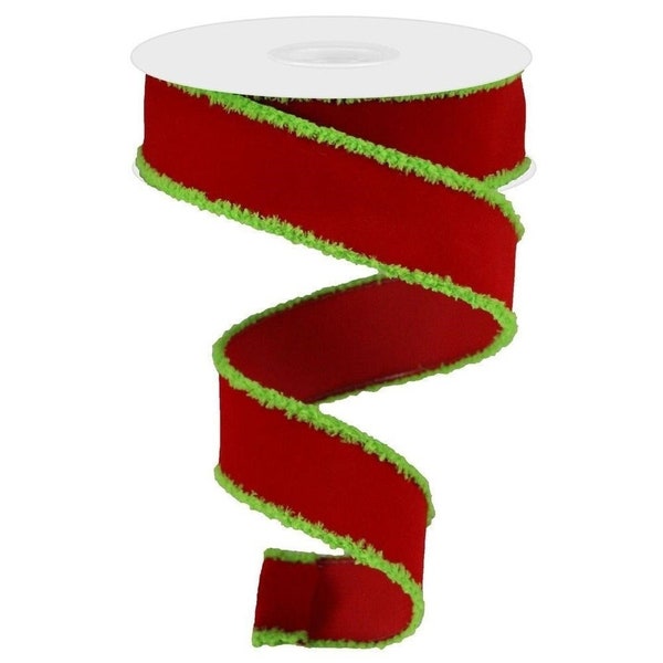 Christmas Ribbon, Red Velvet with Lime Green Drift Edge Ribbon, 1.5" Width Christmas Ribbon, Red and Lime Green Christmas Ribbon