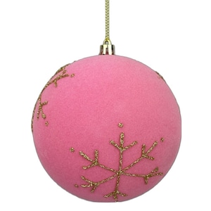 Flocked Ball Ornament w/ Snowflakes: Pink or Red 5", Pink Snowflake Ornament, Red Snowflake Ornament, 85849PK (pink), 85849RD (red)