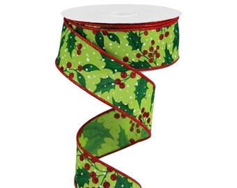 Holly Leaves/Berries: Lime, 1.5" Christmas Ribbon, Holly Ribbon, 1.5" Width Christmas Ribbon, Holly Berries Christmas Ribbon, RGB117633