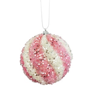 4.5" Pink Icy Ball Ornament, Christmas Ornament, Pink and White Ball Christmas Ornament, Christmas Wreath Attachment