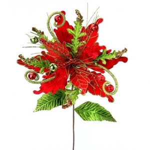 Whimsy Grand Poinsettia Pick 36", Elegant Christmas Poinsettia Spray, Red and Green Wreath Embellishment, Poinsettia Pick, Christmas Pick