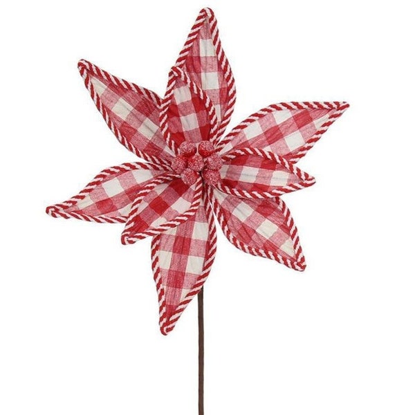 Check Poinsettia Stem Red/White 21", Country Check Poinsettia Stem, Christmas Poinsettia, Red and White Poinsettia, Buffalo Check Poinsettia