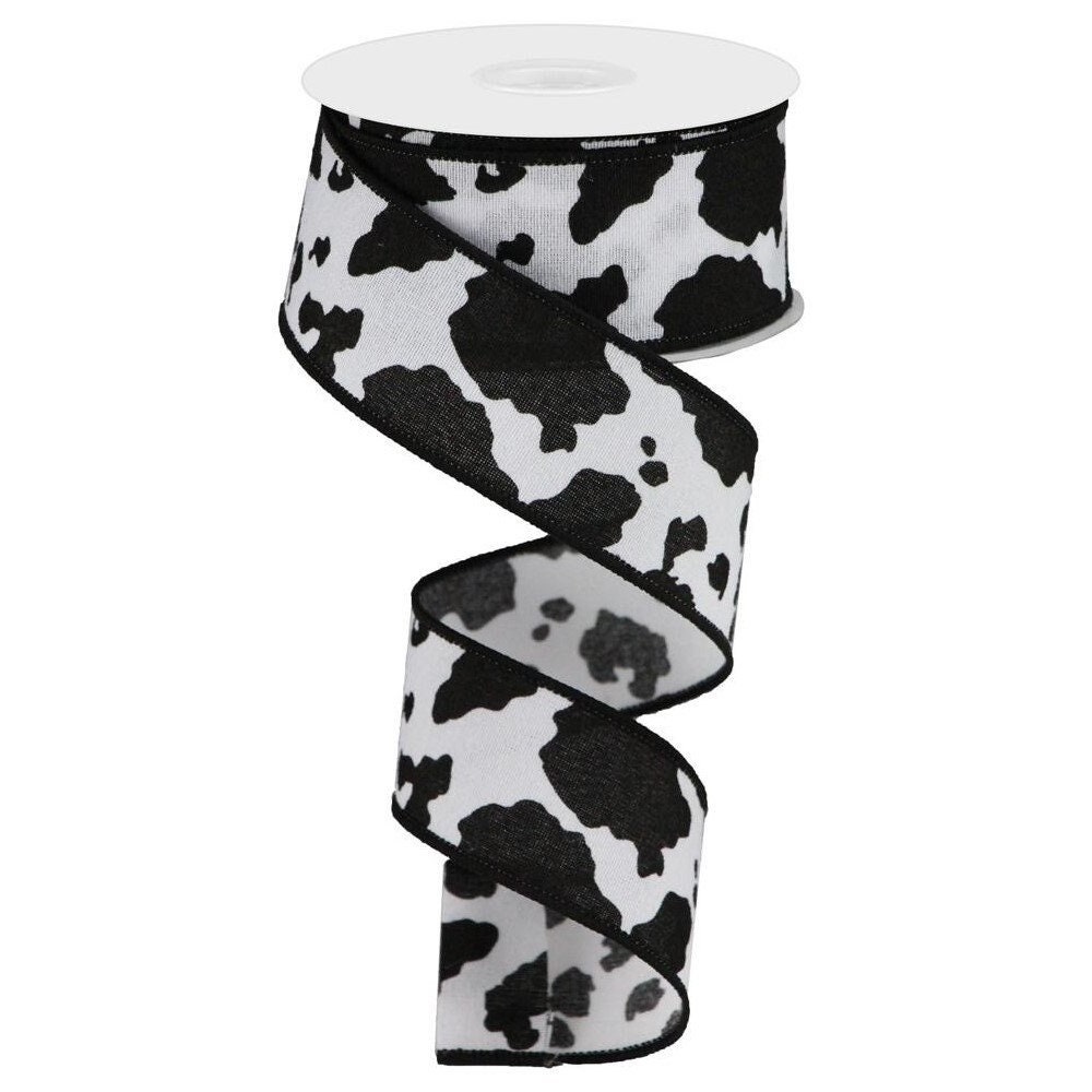 Fuzzy Cow Print 2.5 inch Wired Ribbon - White/Black