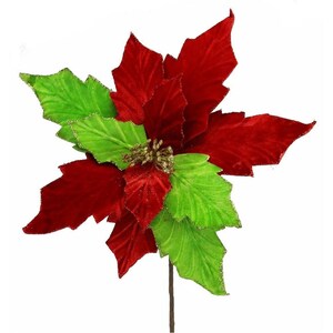 Velvet Poinsettia Stem: Red/Green 22", Christmas Poinsettia, 15" dia. Red and Green Poinsettia, Poinsettia Spray, Christmas Pick, NF406731