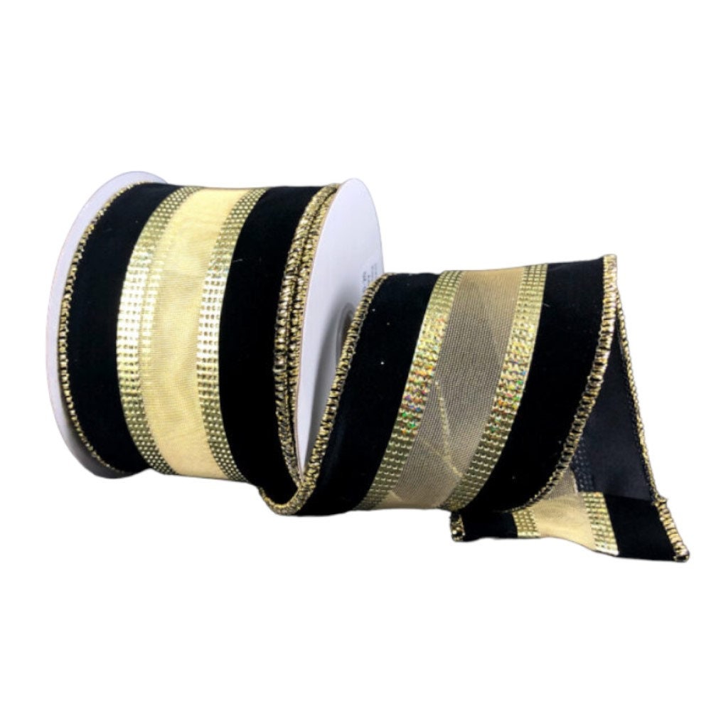 Black and Gold Christmas Ribbon, Black Velvet Gold Firefly Center, 2.5,  Black Velvet and Gold Ribbon, 2.5 Width Christmas