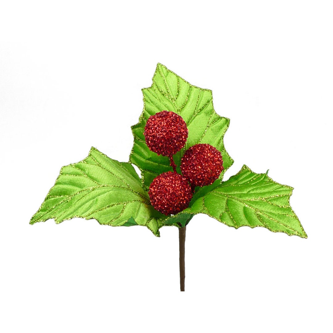 Velvet Holly Leaf Pick 13, Christmas Wreath Embellishment, Christmas