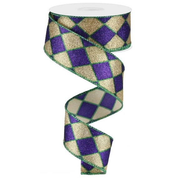 Mardi Gras Ribbon, Mardi Gras Glittered Harlequin Ribbon, 2.5” Width  Ribbon, 1.5 Width Ribbon, Green Purple and Gold Ribbon