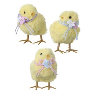 Plush Chick w/ Flower: Set of 3, 4" Chicks Wreath Embellishments, Easter Wreath Attachment, Easter Chicks Tabletop Decor, MT25655