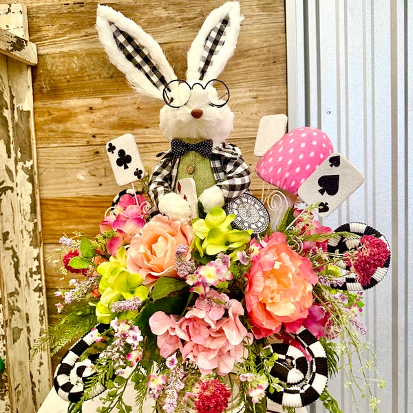 White Rabbit Spring/Easter Arrangement, Easter Centerpiece, Easter Bunny Arrangement, Easter Wreath, Bunny Centerpiece