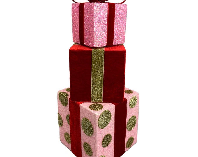 Stacked Gift Box Ornament 17, Christmas Decoration, Red Pink and Gold Stacked Present, Christmas
