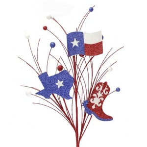 Patriotic Glitter Texas Spray, 27" Patriotic Wreath Embellishment, Red, White and Blue Texas Spray, Texas Flag Spray, Cowboy Boot Spray