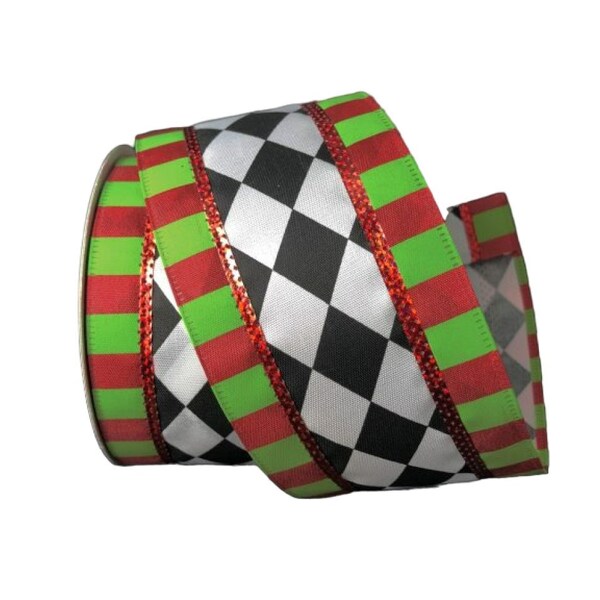 Black/White Harlequin w/ Red/Lime Dashed Edge, 2.5" Ribbon, Black and White Harlequin Ribbon, Christmas Ribbon, Diamond Ribbon