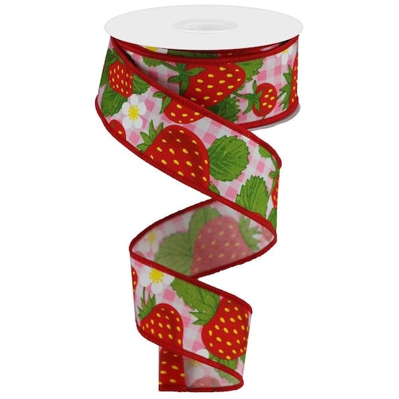 Strawberries on Woven Check 1.5 Ribbon, Strawberries Ribbon, Summer  Ribbon, Strawberries Wreath Ribbon