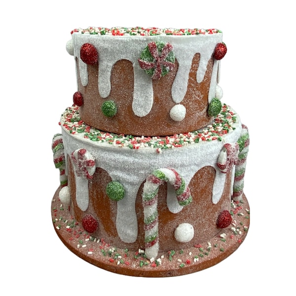 Faux Two-Tier Cake: RED/GREEN/BROWN 8", Fake Bake Foam Tiered Cake, Gingerbread Cake, Wreath Attachment, Christmas Tree Topper, 85786BN