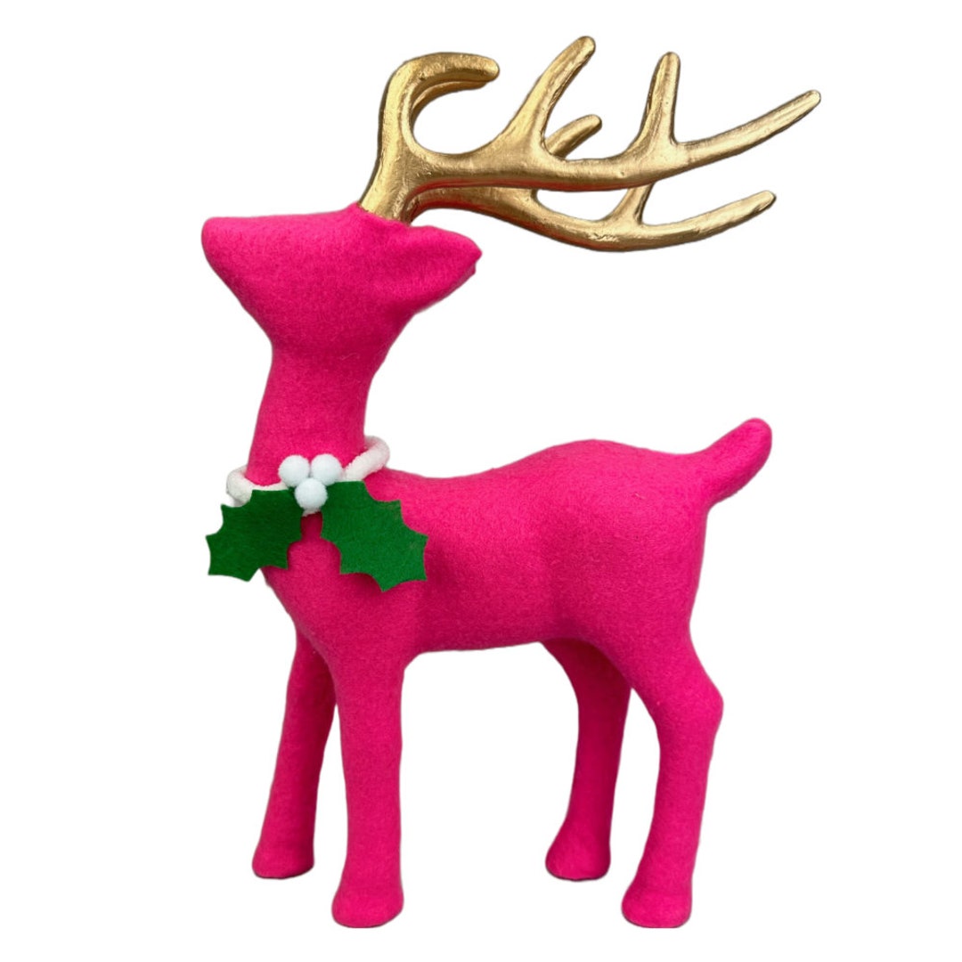 Flocked Deer Pink, 18 or 12 Height, Hot Pink and Gold Standing Deer