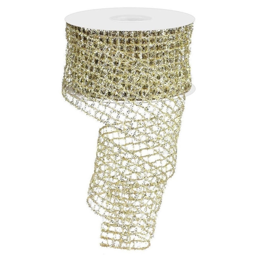 Glitter Tinsel Mesh Ribbon, Tinsel Net Ribbon, 2.5 Width Ribbon, Gold