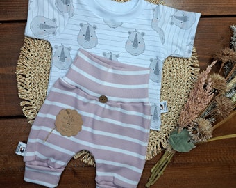 Baby Kinder Set/verschiedene Größen/Mädchen/Kurzarmshirt Jersey Hippo/Pumphose Rippjersey altrosa/weiß gestreift/Geschenk /Frühlingsoutfit