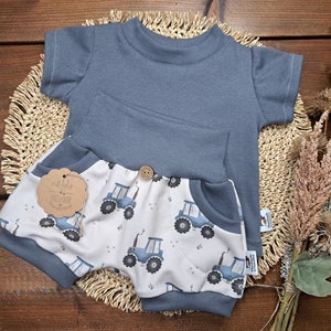 Baby summer set/various sizes/gender-neutral/short-sleeved shirt rib jersey blue-gray/short FrenchTerry tractor pants/birthday gift