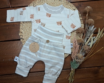 Baby/Kinder Set/genderneutral/verschiedene Größen/LangarmShirt Jersey Bärchen/Pumphose Rippjersey beige/weiß Streifen/Geschenk zur Geburt