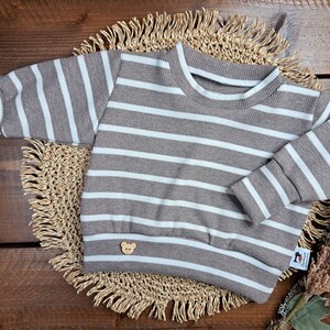 BabySet/genderneutral/verschiedene Größen/Sweater Rippjersey taupe/weiß gestreift/Pumphose Waffeljersey crema/Geschenk zur Geburt/Babyparty Bild 7