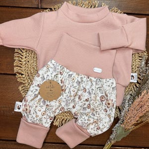 Baby/Toddler Set/Various Sizes/Girls/Waffle Jersey Sweater in Rose/Jersey Harem Pants with Flowers/Birthday Gift/Baby Shower/SETB-0117