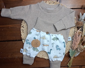 Baby Kinder Set/genderneutral/verschiedene Größen/Sweater Waffeljersey beige meliert/Pumphose Jersey Dinos/Geschenk zur Geburt/Babyparty