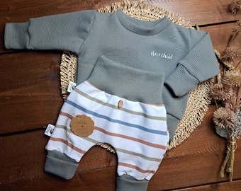 Baby Set/verschiedene Größen/Waffeljersey grün/Sommersweat Streifen/Sweater /Pumphose/genderneutralesOutfit/Geschenk zur Geburt/Babyparty