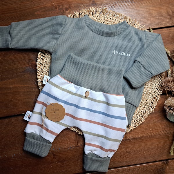 Baby Set/verschiedene Größen/Waffeljersey grün/Sommersweat Streifen/Sweater /Pumphose/genderneutralesOutfit/Geschenk zur Geburt/Babyparty