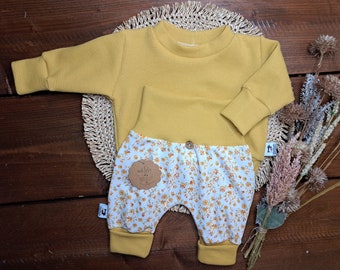 Baby Kinder Set/Mädchen/verschiedene Größen/Sweater Waffeljersey senfgelb/Pumphose Jersey Blümchen/Geschenk zur Geburt/Homecoming Outfit