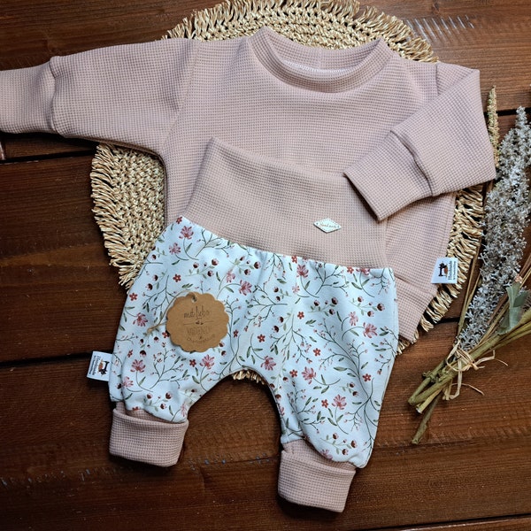 Baby Kinder Set/verschiedene Größen/Mädchen/Sweater Waffeljersey rose'/Pumphose Jersey Blümchen/Geschenk zur Geburt/Babyparty/Homecoming