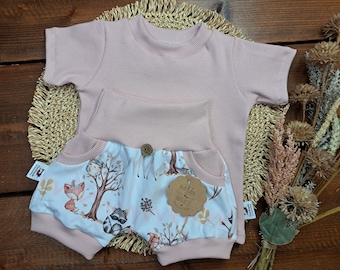 Baby Kinder SommerSet/verschiedene Größen/LangarmShirt Rippjersey rose' /kurze Pumphose Jersey Boho Tiere/Geschenk zur Geburt/Sommeroutfit