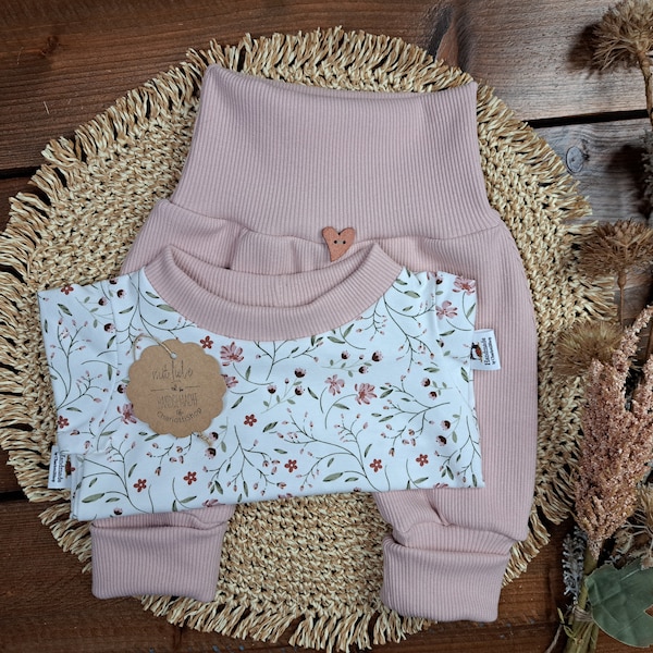 Baby/ Mädchen Set/ Frühling/ Sommer/ verschiedene Größen/ Langarmshirt Jersey Blümchen/ Pumphose Rippjersey rose'/ Geschenk/Mädchenoutfit