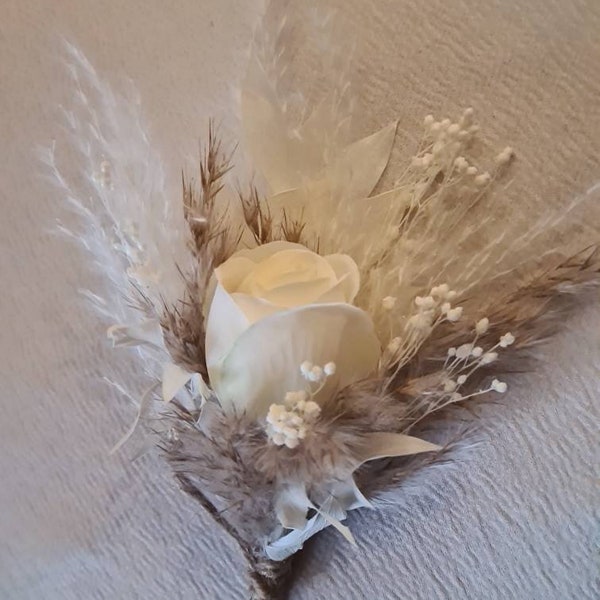 Artificial Ivory rose and pampas button hole, Boutonniere