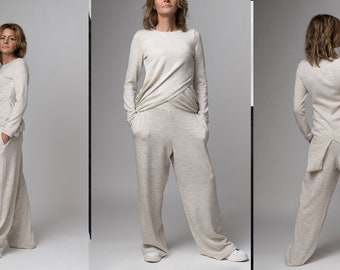 Frauen Asymmetrische Set, Strick Kostüm, Lange Strickjacke, Hose mit weitem Bein, Herbst Set, Kostüm Alltag, Designer Set