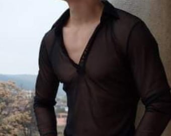 Conjunto de camisa de malla de manga larga, camisa transparente negra para hombre, camisa de tul negra moderna, regalo para ella, tops transparentes para hombre