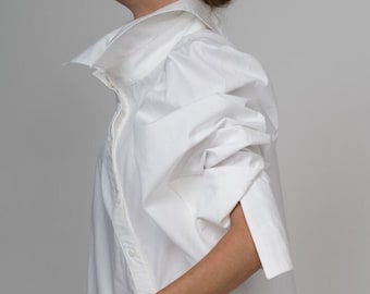 Asymmetric Elegant Long Sleeved Top/Buttoned Shirt/Designer Women Top/Button Down Shirt/Women Blouse/Modern Top/ Women's White Blouse/